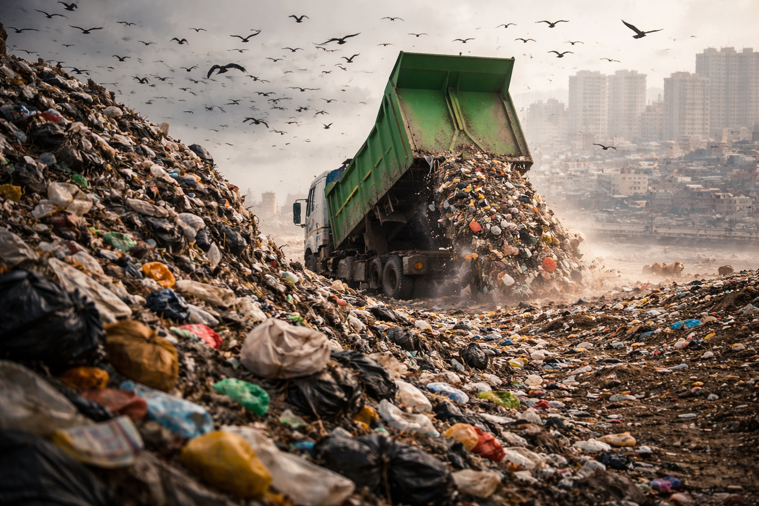 Garbage truck tipping mixed waste onto a towering urban landfill